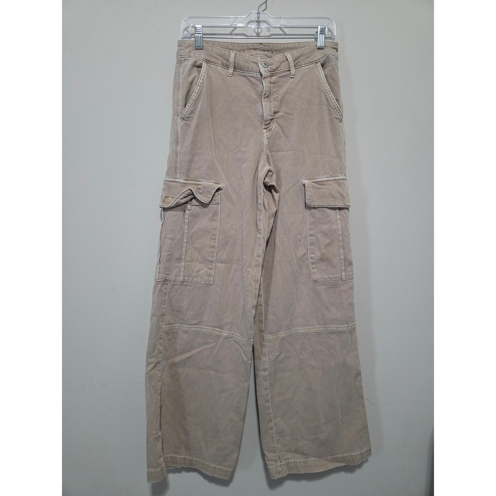 American Eagle High Rise Cargo Wide Leg Pants Tan Khaki Size 8 Regular Stretch